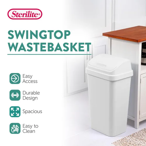 Miniatura 2 de Sterilite Paquete de 4 basureros con tapa oscilante, elegante cubo de basura de perfil cuadrado, 13 galones, color blanco, moderno contenedor