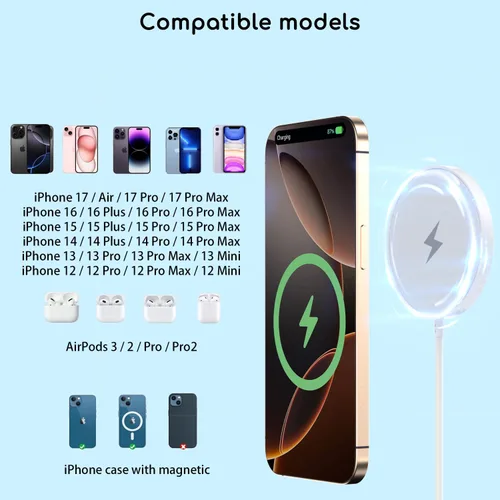 Miniatura 5 de Cargador inalámbrico magnético para iPhone, 2 paquetes de 6 pies [Certificado Apple MFi] Cable de cargador Mag-Safe magnético inalámbrico con bloque
