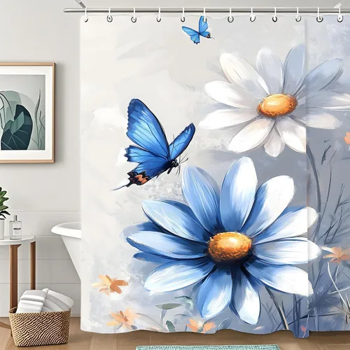 Miniatura 9 de Cortina de ducha con versículo bíblico con cita inspiradora, cortinas de ducha cristianas azules florales para bañera, decoración del hogar, tela