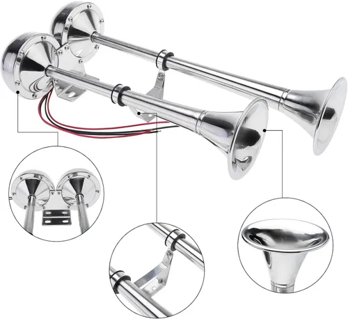 Miniatura 3 de NovelBee Bocina de trompeta doble de acero inoxidable de 12 V, bocina eléctrica de barco marino de 125 db para barco, camión, remolque RV