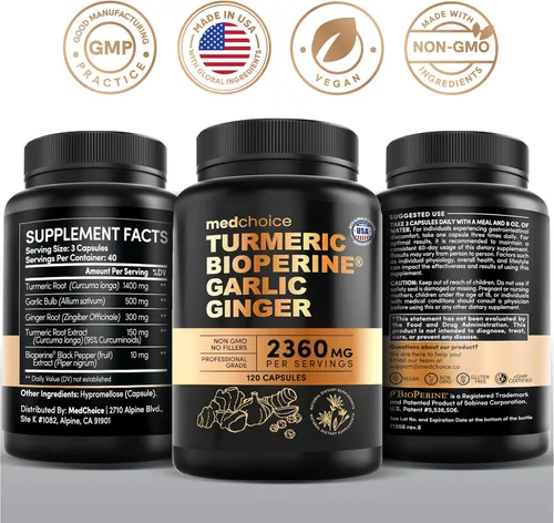 Miniatura 8 de Suplementos 4 en 1 de cúrcuma y ajo con BioPerine – Cápsulas de raíz de jengibre y cúrcuma de 2360 mg con ajo – Mezcla de hierbas de alta potencia