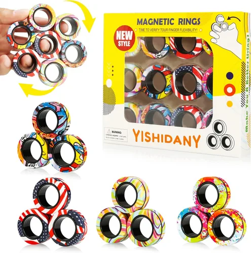 Miniatura 11 de 12Pcs Magnetic Rings Fidget Toys Pack, Magnets Finger Spinner for ADHD Stress Relief, Tire Style Magical Fidget Rings for Training Relieves Autism