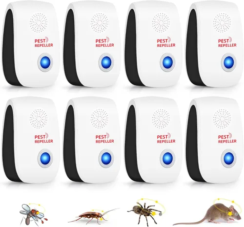Paquete de 8 repelentes ultrasónicos mejorados para control de plagas en interiores para roedores, ratones, cucarachas, arañas, hormigas, mosquitos,