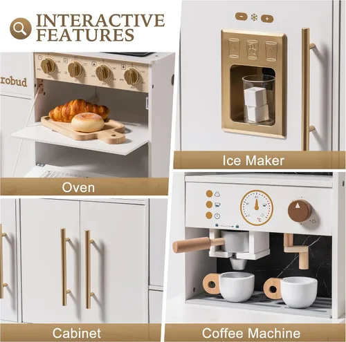 Miniatura 5 de ROBUD Juego de cocina de madera para niños, cocina de juguete de simulación con máquina de hielo, máquina de café, horno, microondas, gabinete