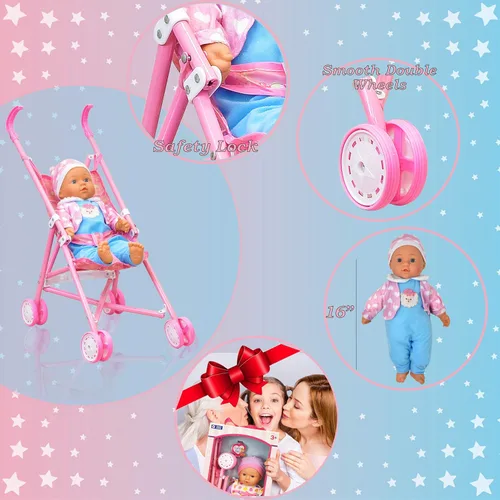 Miniatura 5 de Muñecas para jugar Mi primera muñeca bebé en cochecito, muñeca de cuerpo suave de 16 pulgadas incluida en set de juego divertido para bebés, niños