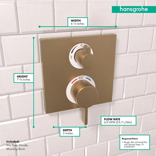 Miniatura 4 de hansgrohe Ecostat Square Embellecedor de Válvula de Ducha Termostática Moderna con Control de Temperatura y Desviador en Bronce Cepillado, 15714141