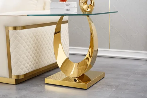 Miniatura 22 de Mesa de centro de cristal de lujo, mesa de centro de sofá de 47 pulgadas con marco de acero inoxidable dorado y parte superior de vidrio negro, mesa