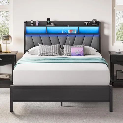 Welzona - Estructura de cama de tamaño matrimonial con cabecero, cama de plataforma metálica con luces LED y estación de carga, almacenamiento de 2