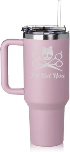 Miniatura 2 de Vaso de 40 onzas con asa y tapa con pajilla, taza de viaje aislada de acero inoxidable, taza de viaje I'll Cut You Hair Dresser Stylist (negro)