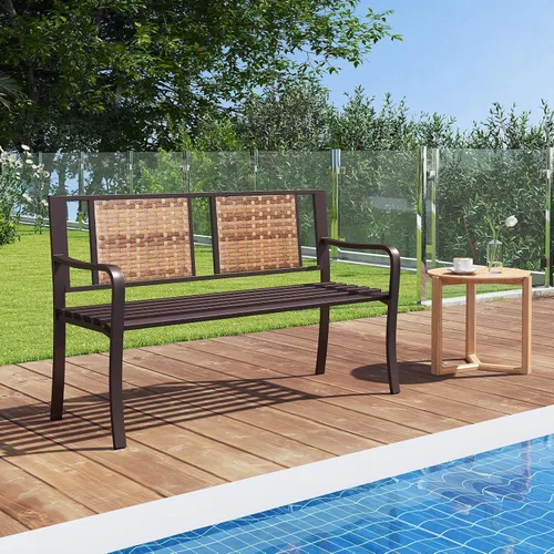 Miniatura 5 de Tangkula Banco de parque de metal de 51 pulgadas, banco de jardín para patio con respaldo de ratán y reposabrazos curvos, sofá biplaza exterior