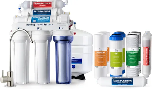 iSpring RCC7AK - Sistema de filtro de agua potable por ósmosis inversa de 6 etapas con reimineralización alcalina, pH natural, color blanco