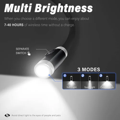 Miniatura 3 de Vekkia Luz LED recargable de lectura para el cuello, luces de libro para leer en la cama, 3 niveles de brillo, brazos de silicona suave flexible
