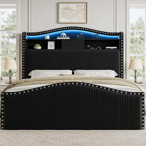 CIKUNASI Marco de cama tamaño completo de 51.5" con cabecero y almacenamiento | Marco de cama tapizado de terciopelo con luces LED y estación de