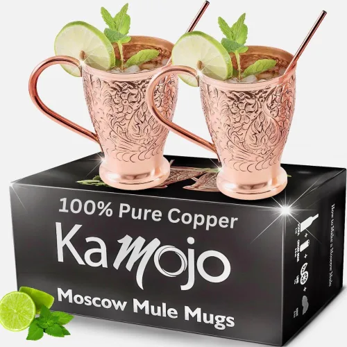 Kamojo Juego de 2 tazas de cobre con diseño único hecho a mano en relieve con revestimiento antideslustre de grado alimenticio, juego de regalo de
