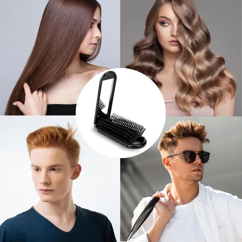 Miniatura 7 de Cepillo de pelo portátil de viaje, pequeño cepillo plegable compacto con espejo y punta redonda, cerdas de nailon para mujeres y hombres, mini peine