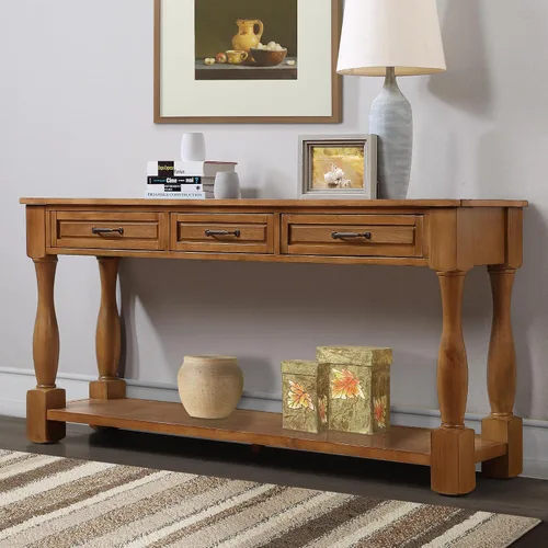 Miniatura 10 de RuiSiSi Mesa consola de 48 pulgadas con 3 cajones y 2 estantes, mesa de sofá de madera de granja para sala de estar, entrada, pasillo, color blanco