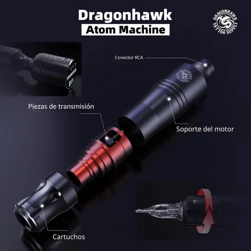 Miniatura 8 de Kit de pistola de tatuaje inalámbrica Dragonhawk Atom - Kit completo de tatuaje para principiantes con 20 agujas de cartucho, fuente de alimentación