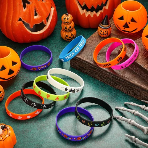 Miniatura 5 de Hiboom 100 Pcs Halloween Rubber Bracelets Bulk Halloween Party Favor Trick or Treat Goodie Bag Stuffer Filler Rubber Silicone Wristband Gift for