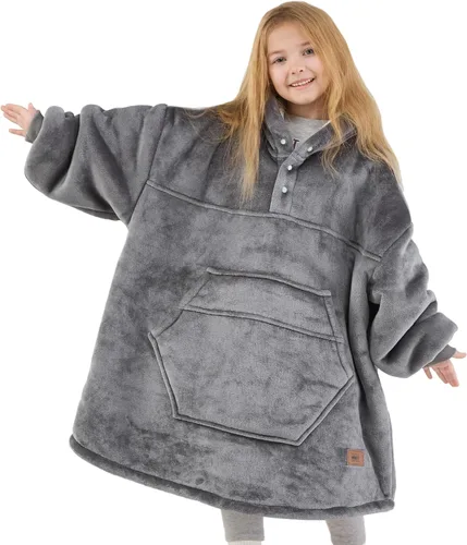 Degrees of Comfort Kids Wearable Blanket, Oversized Sherpa Fleece Hoodie Blankets for Boys Girls, Cozy and Soft Gris