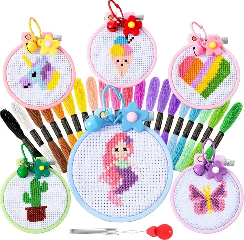 Chuangdi Juego de 6 juegos de punto de cruz para niños, kit de bordado fácil estampado para principiantes y niñas de 7 a 13 años, juego de