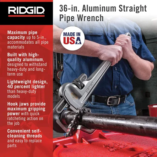 Miniatura 2 de RIDGID 31110 Modelo 836 Llave de tubería de plomería recta de aluminio de 36 pulgadas, plata, fabricada en los Estados Unidos