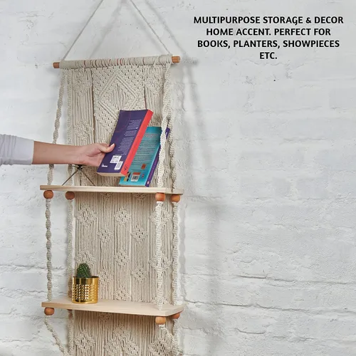 Miniatura 6 de Folkulture Estante de pared colgante de macramé de 3 niveles o estantes flotantes para decoración bohemia de habitación, estantes colgantes