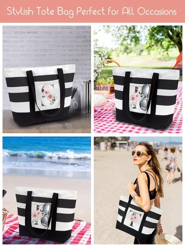 Miniatura 2 de PARBEE Bolso tote de lona con iniciales, diseño de rayas y flores, con cremallera superior, bolsas de playa grandes con monograma de regalo