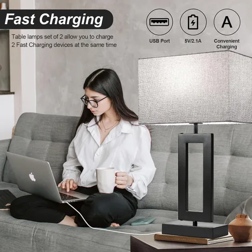 Miniatura 5 de Juego de 2 lámparas modernas para mesita de noche, con control táctil, USB C y A, regulables de 3 vías para dormitorios y sala de estar, gris y negro