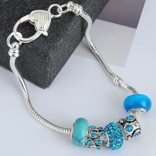 Miniatura 7 de rubyca 10pcs blanco bañado en plata corazón langosta Cadena de Serpiente Europea Pulsera de Perlas de Fit Encanto