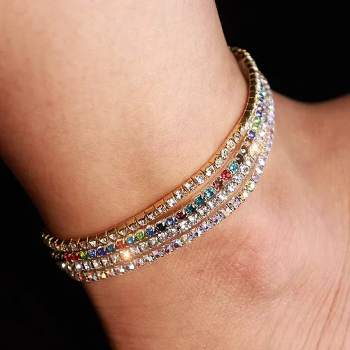 Miniatura 2 de Suyi Tobillera de cristal para mujer, 4 piezas, tobilleras elásticas de tenis, cadena elástica para el pie