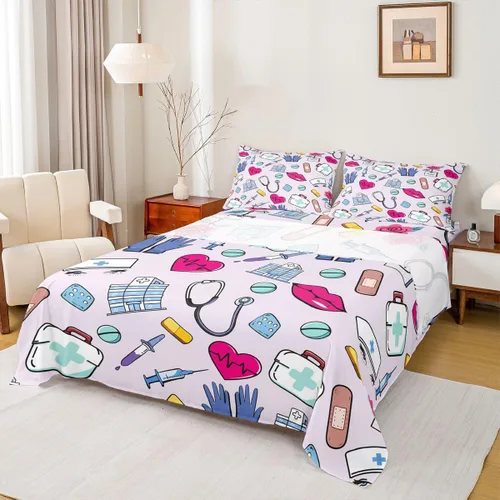 Miniatura 16 de Erosebridal Nurse Sheet Set Stethoscope Twin Sheets Set for Teen Boys,Colorful Medical Healthcare Heartbeat Syringe Fitted Sheet