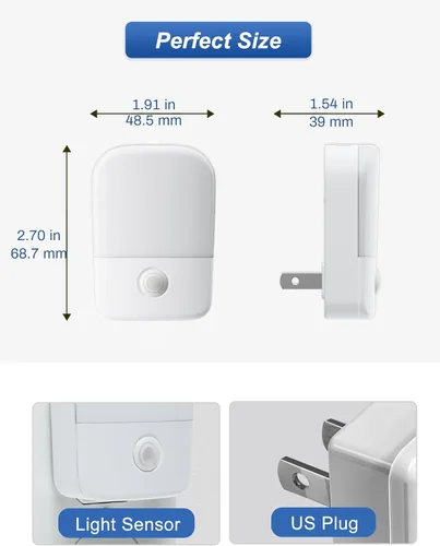 Miniatura 6 de Luces nocturnas ámbar enchufables a la pared, paquete de 2 luces LED de noche para dormitorio con sensor de atardecer a amanecer, brillo ajustable