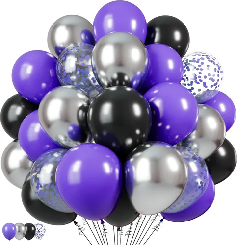 Miniatura 16 de Globos negros y plateados, paquete de 60 globos de 12 pulgadas con confeti negro, blanco y plateado con 1 cinta para decoración de cumpleaños, baby