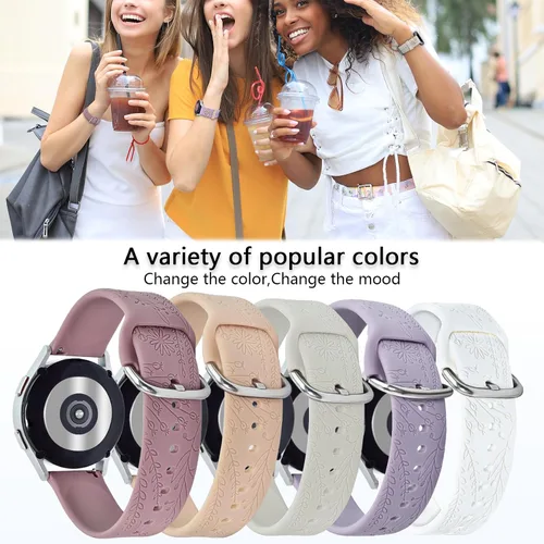 Miniatura 2 de Correas para Samsung Galaxy Watch 7/6/5/4/FE Banda 40mm 44mm con Charms, Correa de Reemplazo de Silicona con Flores Grabadas de 20mm para Mujeres