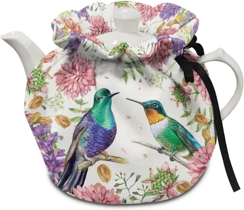 Miniatura 23 de DISNIMO Funda de tetera aislada a prueba de polvo con diseño floral de colibrí, para mantener el calor, accesorios decorativos, colcha