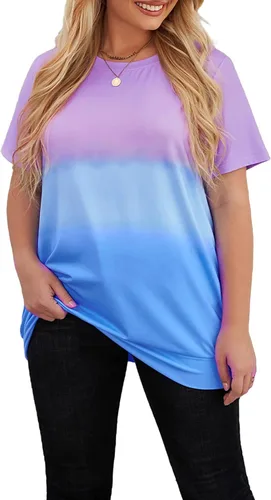 PARICI Camisetas de verano de talla grande para mujer, manga corta, cuello redondo, bloque de color, casual, holgadas, túnica