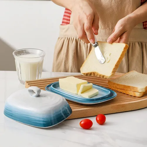 Miniatura 7 de Hasense Mantequillera con tapa para encimera, soporte de mantequilla de cerámica con asa perfecto para mantequilla de las costas este y oeste, Azul
