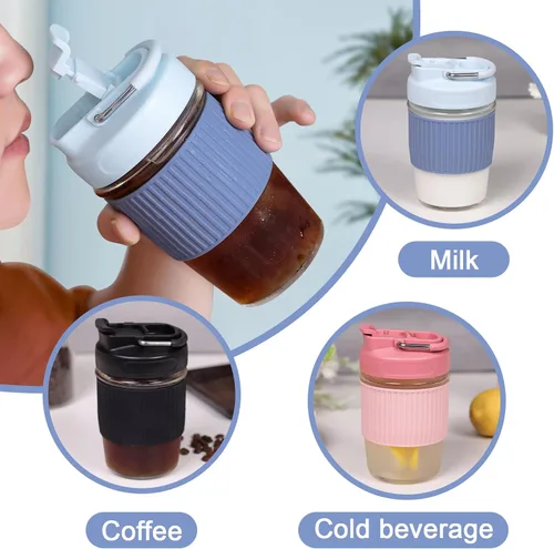 Miniatura 4 de Sivaphe Taza de café reutilizable de vidrio para hielo y caliente 12 oz, taza de viaje portátil con tapa a prueba de derrames y funda térmica