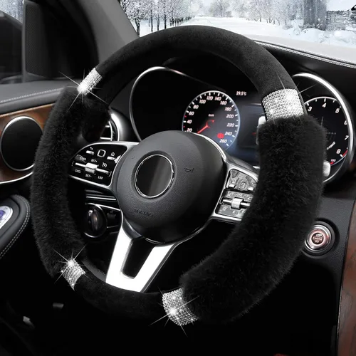 Miniatura 3 de Achiou - Funda de volante esponjosa con diamantes de imitación, cómoda lana sintética de lujo antideslizante, ajuste universal para volantes de 14.5