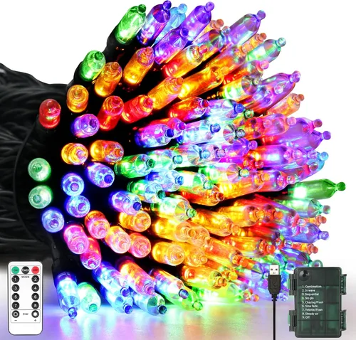 Miniatura 8 de 100 luces LED de color blanco cálido a multicolor de 33 pies, funciona con pilas, 8 modos, tira de luces para interiores y exteriores, para árbol