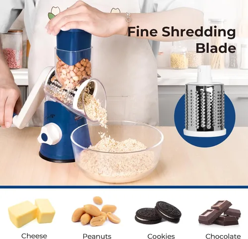 Miniatura 4 de X Home Rallador de queso giratorio para cocina, triturador con 3 cuchillas intercambiables, rallador giratorio con mango y base de succión fuerte