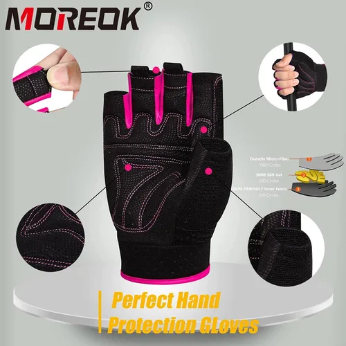 Miniatura 4 de Guantes de entrenamiento MOREOK con acolchado para levantamiento de pesas para hombres/mujeres, [Gel de 3MM] guantes sin dedos de agarre para Rosa