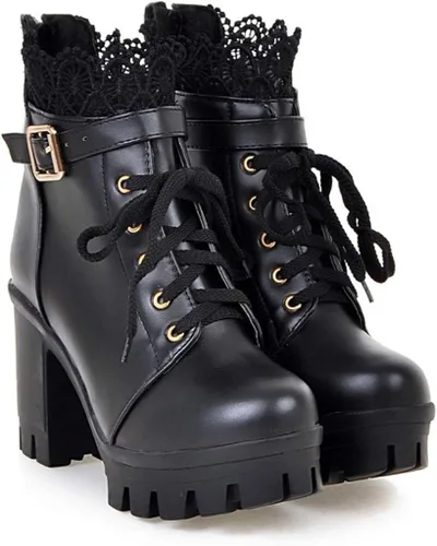Miniatura 4 de Hbeylia Botas de combate de plataforma para mujer botas de cuero con encaje grueso botines de cuero gótico antideslizantes tacones altos botas