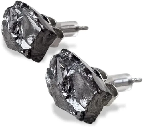 Karelian Heritage Shungite - Aretes tipo dormilona para mujer, color negro natural, piedras semipreciosas, minimalistas y pequeños, joyería de