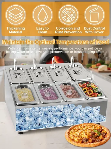 Miniatura 4 de Kalolary Estación de Almacenamiento para 8 Bandejas de Pizza con Tapas, Contenedores de Acero Inoxidable para Condimentos con Cucharas, Juego