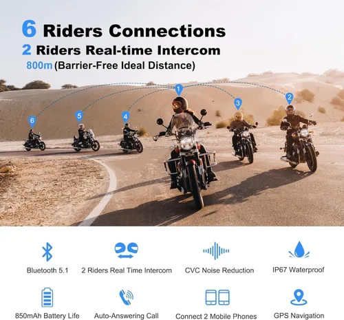 Miniatura 2 de MIMIRACLE V6 Pro - Auriculares Bluetooth para motocicleta, intercomunicador para casco de 6 ciclistas 800M Intercom Range, Dual Phone Pairing, CVC