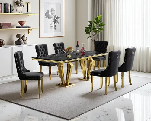 Miniatura 80 de Juego de mesa de comedor de mármol sintético, 7 piezas, juego de mesa de cocina y comedor para 6, mesa de comedor rectangular blanca de 70 pulgadas