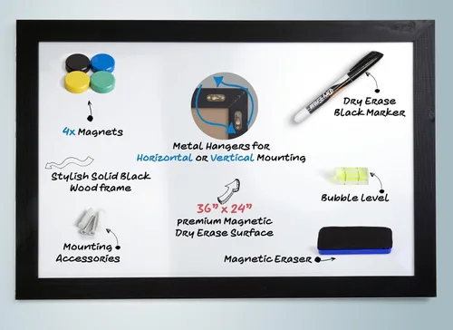 Miniatura 3 de Pizarra blanca magnética enmarcada en madera real, 24" X 36", montaje en pared vertical/horizontal, incluye marcador negro, borrador y 4 imanes