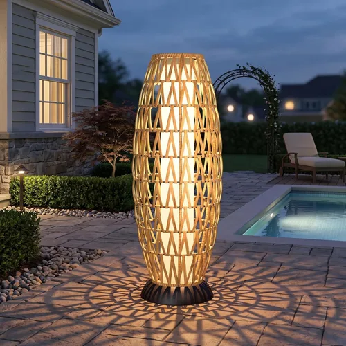 Miniatura 14 de Solar Yard Lámpara de pie para exteriores, luces de patio, farol con energía solar, resistente a la intemperie, luces de mimbre para terraza