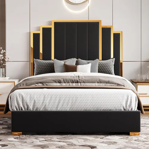 Miniatura 6 de HOWE Base de cama tamaño Queen y cabecera de 61 pulgadas, cama tapizada con borde chapado en oro, cama de plataforma moderna, no necesita somier